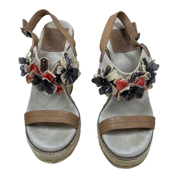 Tory Burch Mallory Lin Natural Wedge Espadrille Sandal - Picture 1 of 7